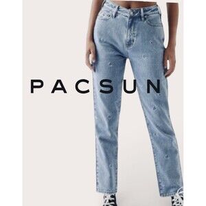 PACSUN ‘Over The Moon’ Mom Jeans Sz 23 Light Wash Embroidered Crescent Moons